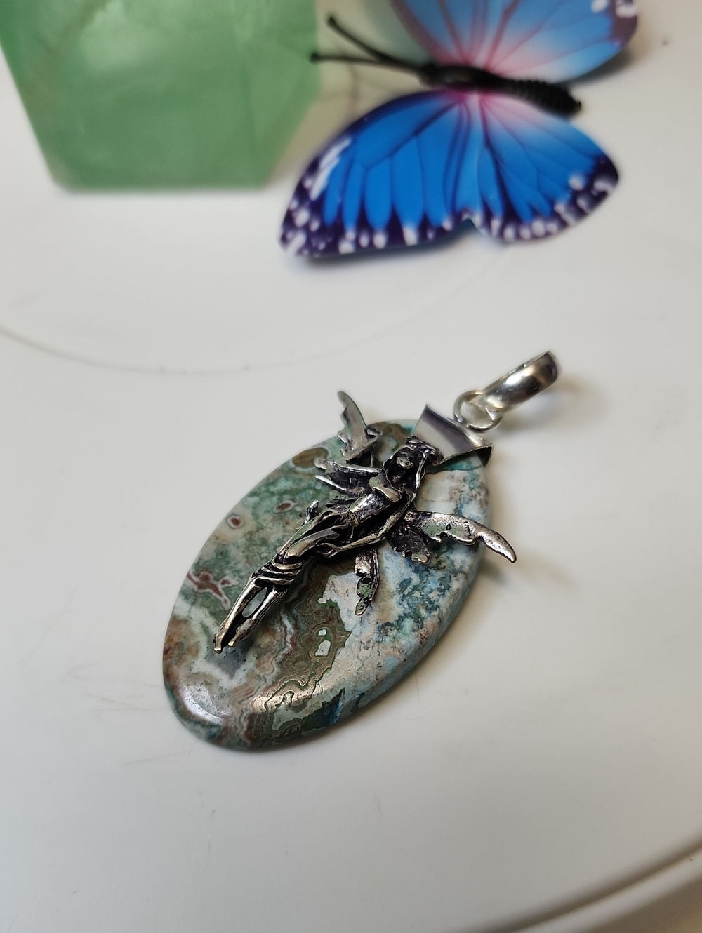 Fairy Pendant with Green-Blue Agate Oval Stone
